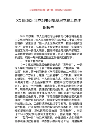 XX局2024年党组书记抓基层党建工作述职报告