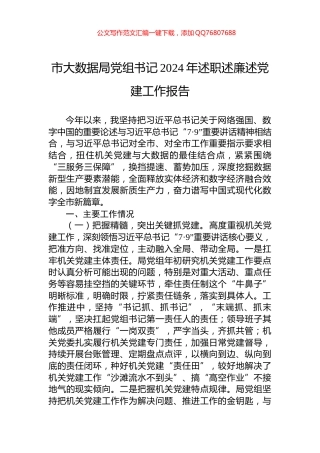 市大数据局党组书记2024年述职述廉述党建工作报告