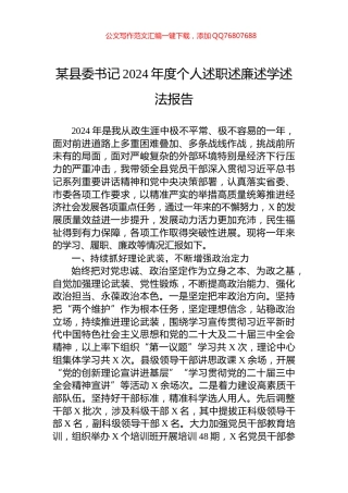 某县委书记2024年度个人述职述廉述学述法报告