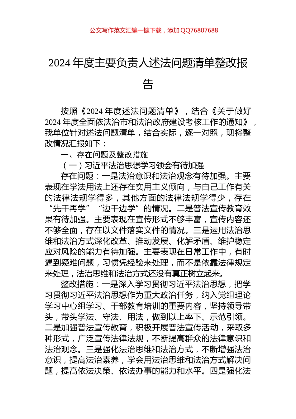 2024年度主要负责人述法问题清单整改报告_第1页