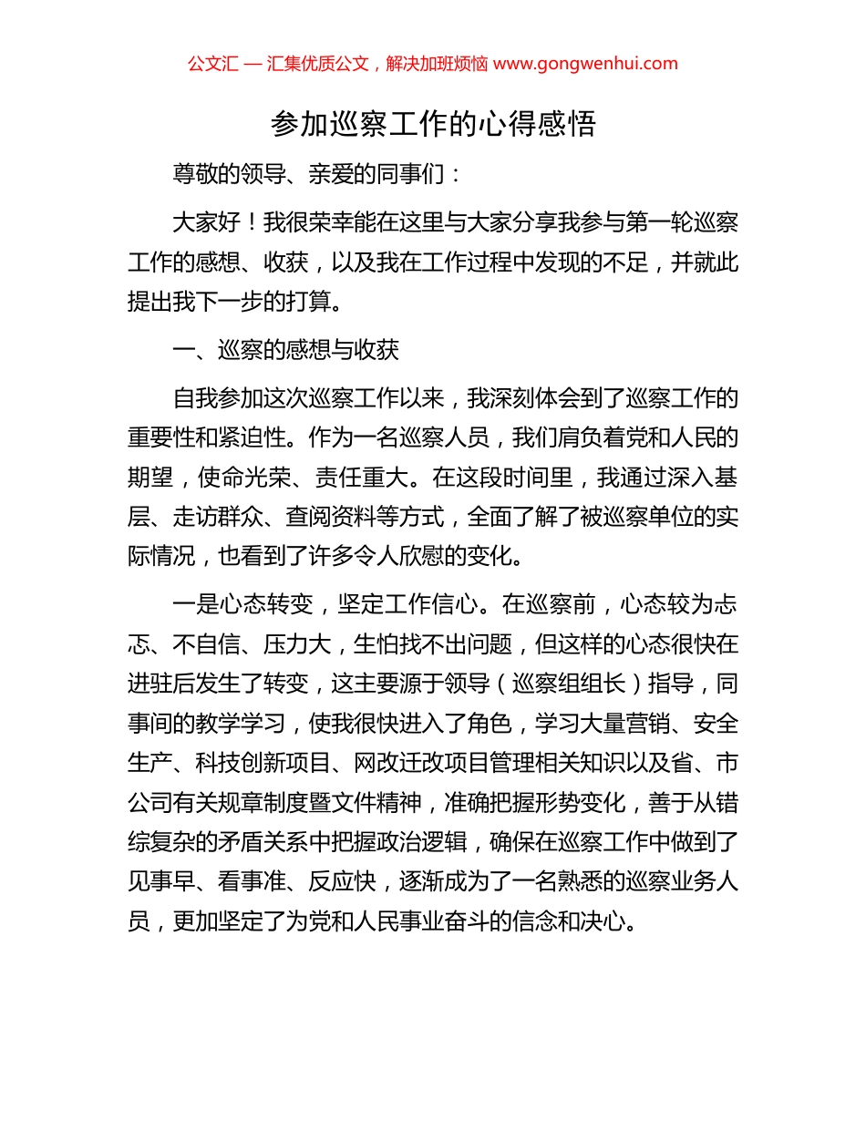 参加巡察工作的心得感悟_第1页