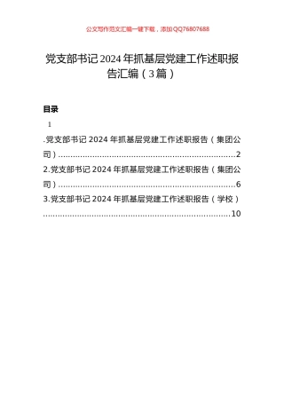 党支部书记2024年抓基层党建工作述职报告汇编（3篇）