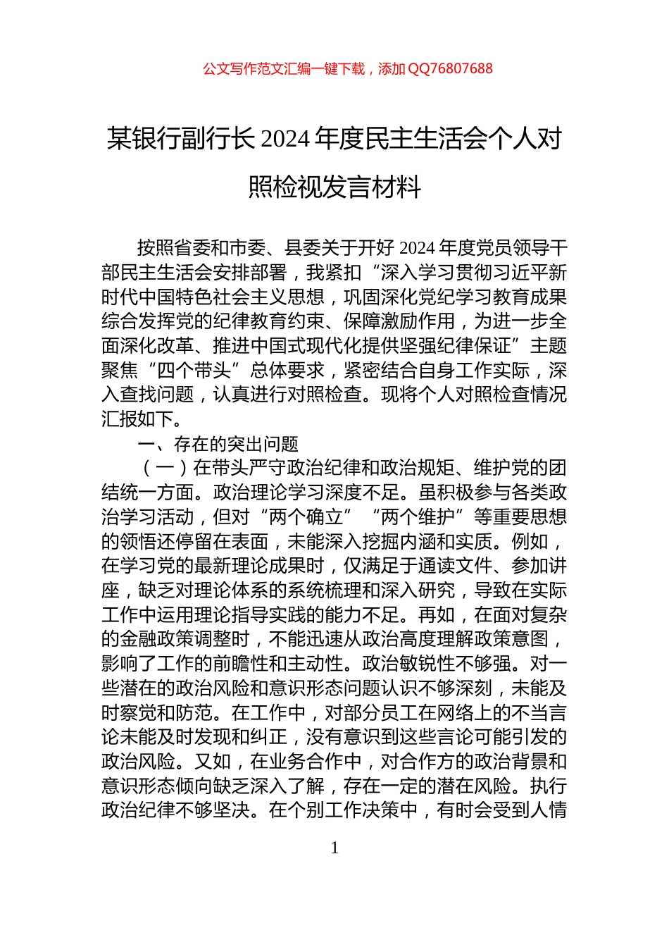 某银行副行长2024年度民主生活会个人对照检视发言材料_第1页
