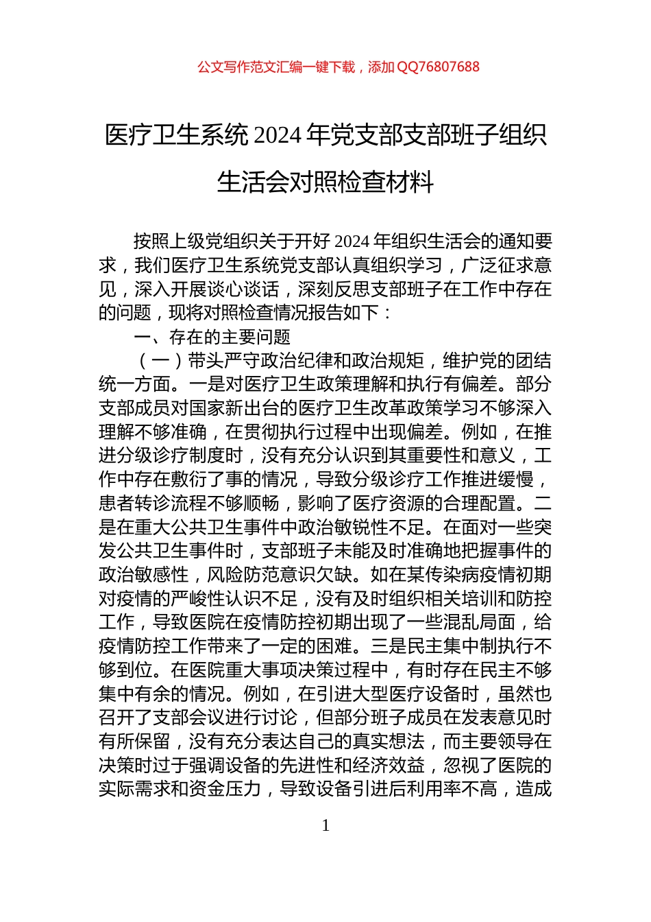 医疗卫生系统2024年党支部支部班子组织生活会对照检查材料_第1页