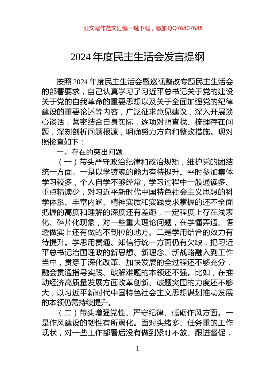 2024年度民主生活会发言提纲_第1页