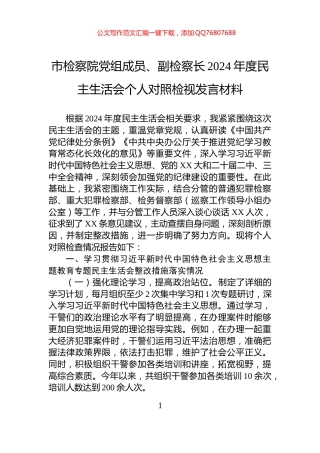 市检察院党组成员、副检察长2024年度民主生活会个人对照检视发言材料