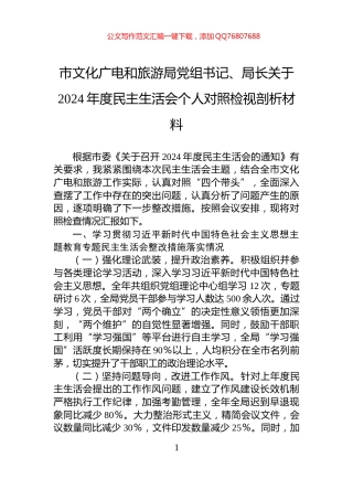 市文化广电和旅游局党组书记、局长关于2024年度民主生活会个人对照检视剖析材料