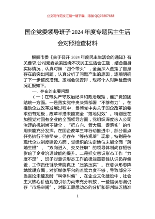 国企党委领导班子2024年度专题民主生活会对照检查材料