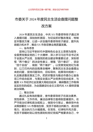 市委关于2024年度民主生活会查摆问题整改方案