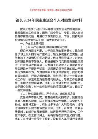 镇长2024年民主生活会个人对照发言材料