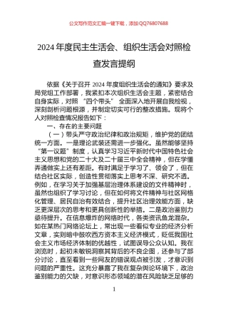 2024年度民主生活会、组织生活会对照检查发言提纲