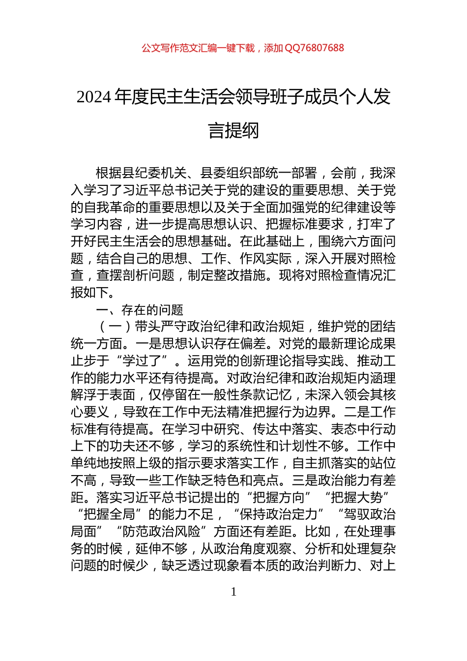 2024年度民主生活会领导班子成员个人发言提纲_第1页