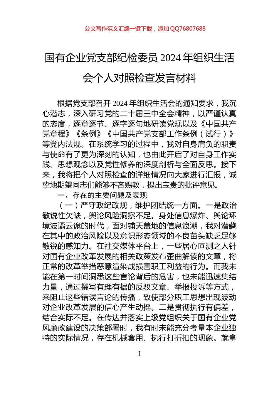 国有企业党支部纪检委员2024年组织生活会个人对照检查发言材料_第1页