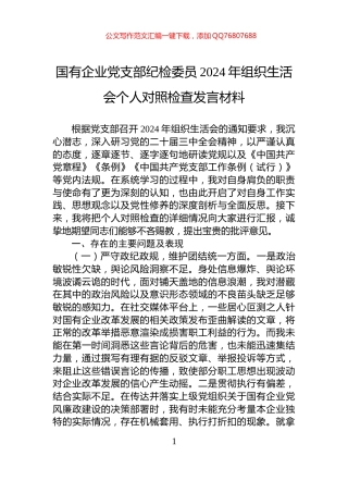 国有企业党支部纪检委员2024年组织生活会个人对照检查发言材料