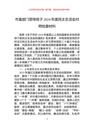 市直部门领导班子2024年度民主生活会对照检查材料