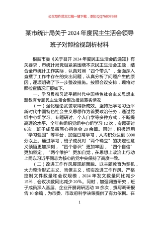 某市统计局关于2024年度民主生活会领导班子对照检视剖析材料