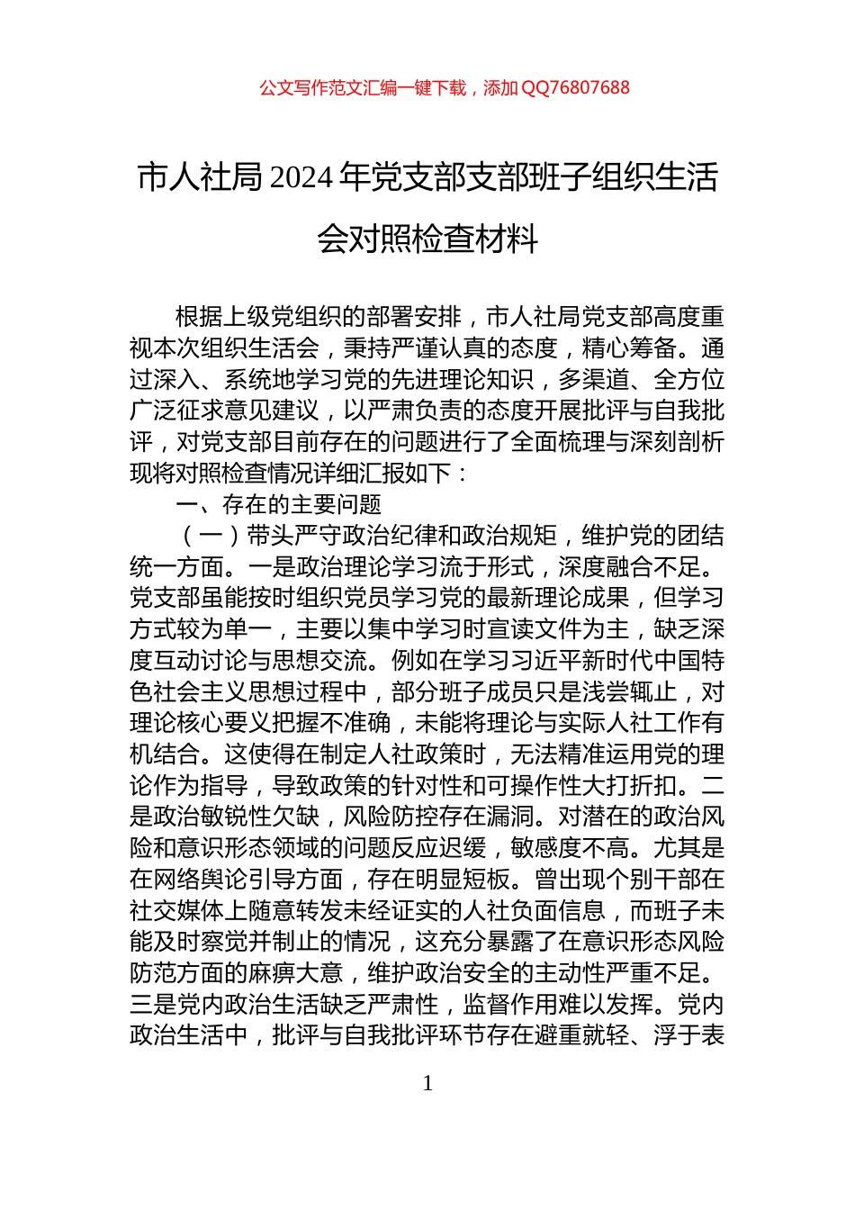 市人社局2024年党支部支部班子组织生活会对照检查材料_第1页