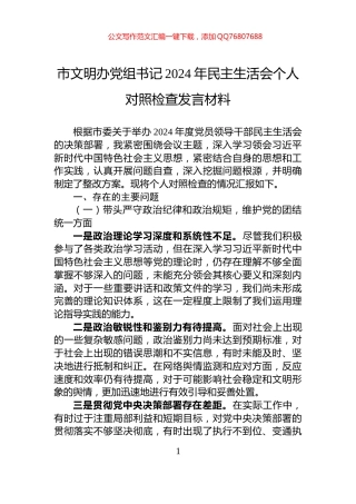 市文明办党组书记2024年民主生活会个人对照检查发言材料