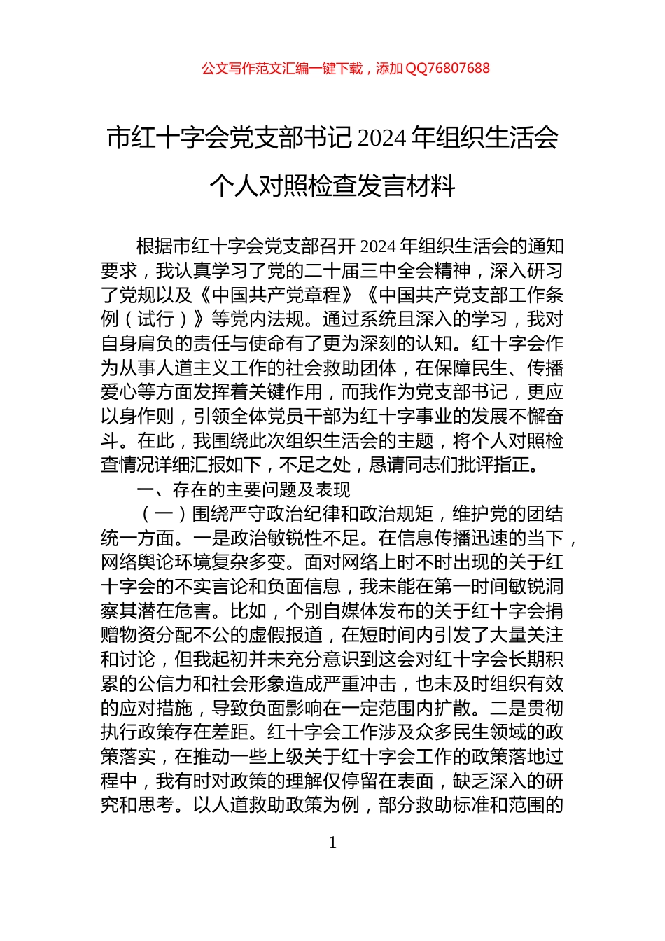 市红十字会党支部书记2024年组织生活会个人对照检查发言材料_第1页