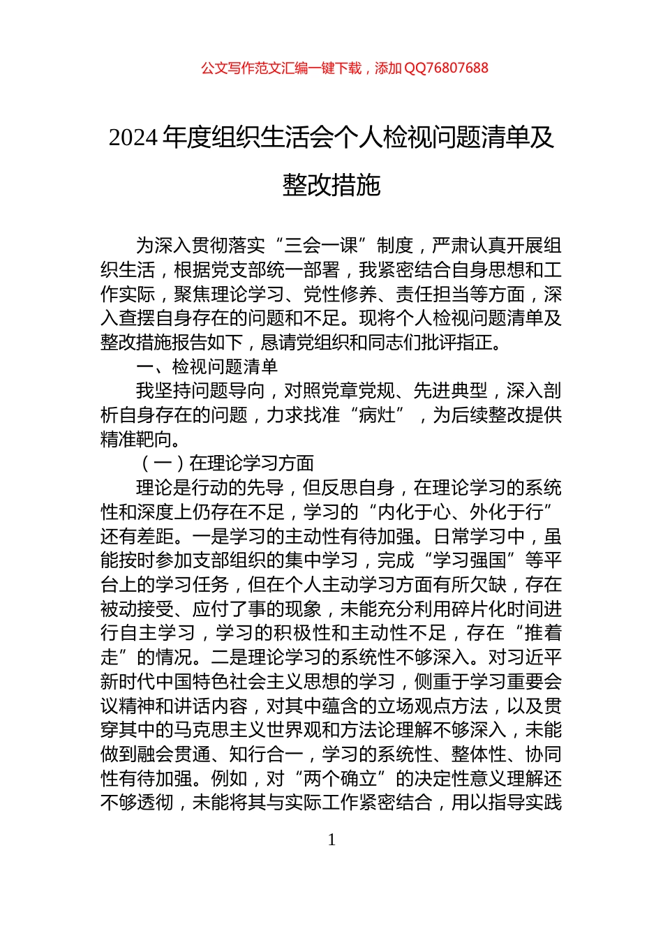 2024年度组织生活会个人检视问题清单及整改措施_第1页