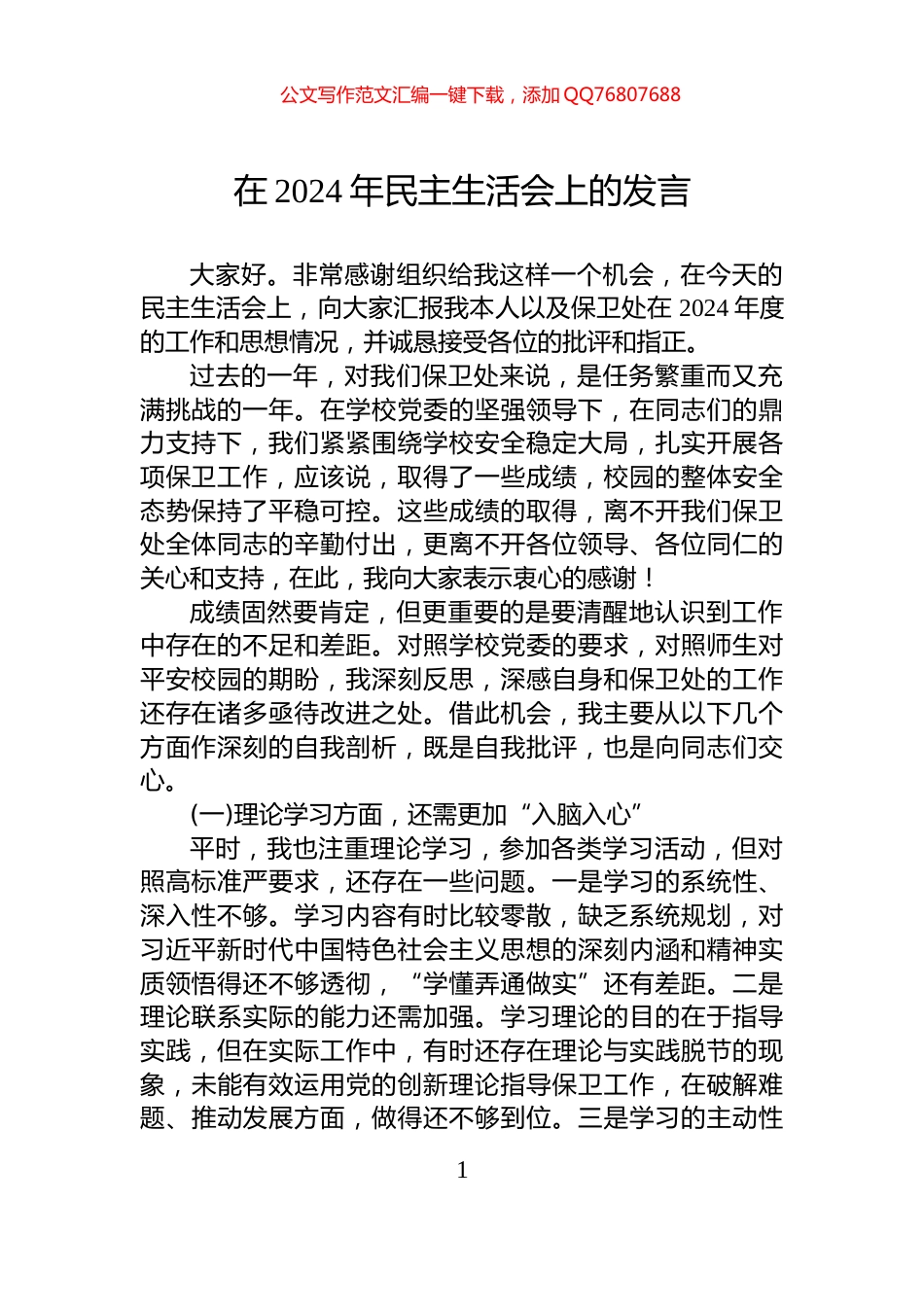 在2024年民主生活会上的发言_第1页