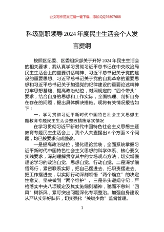 科级副职领导2024年度民主生活会个人发言提纲