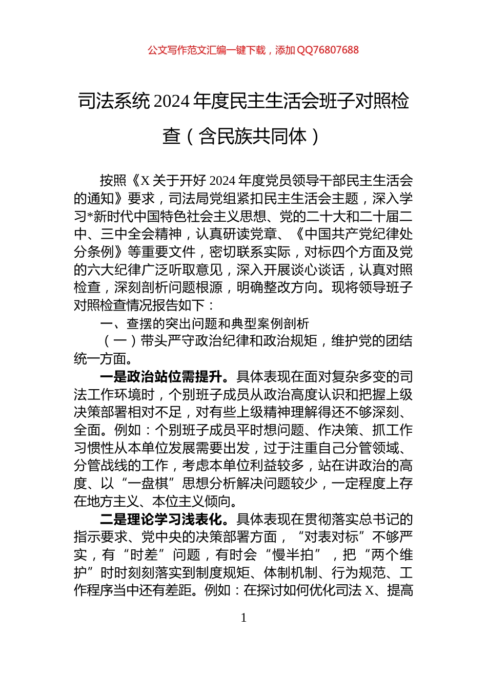 司法系统2024年度民主生活会班子对照检查（含民族共同体）_第1页
