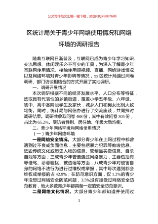 区统计局关于青少年网络使用情况和网络环境的调研报告