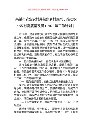 某某市农业农村局聚焦乡村振兴，推动农业农村高质量发展（2025年工作计划）