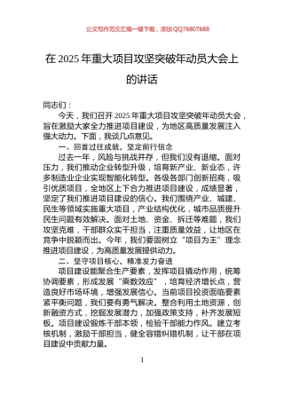 在2025年重大项目攻坚突破年动员大会上的讲话