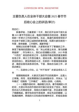 主要负责人在全体干部大会暨2025春节节后收心会上的讲话(审计)
