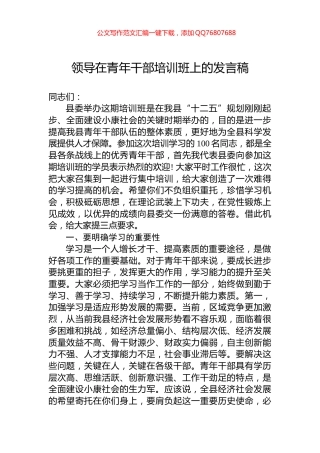 领导在青年干部培训班上的发言稿