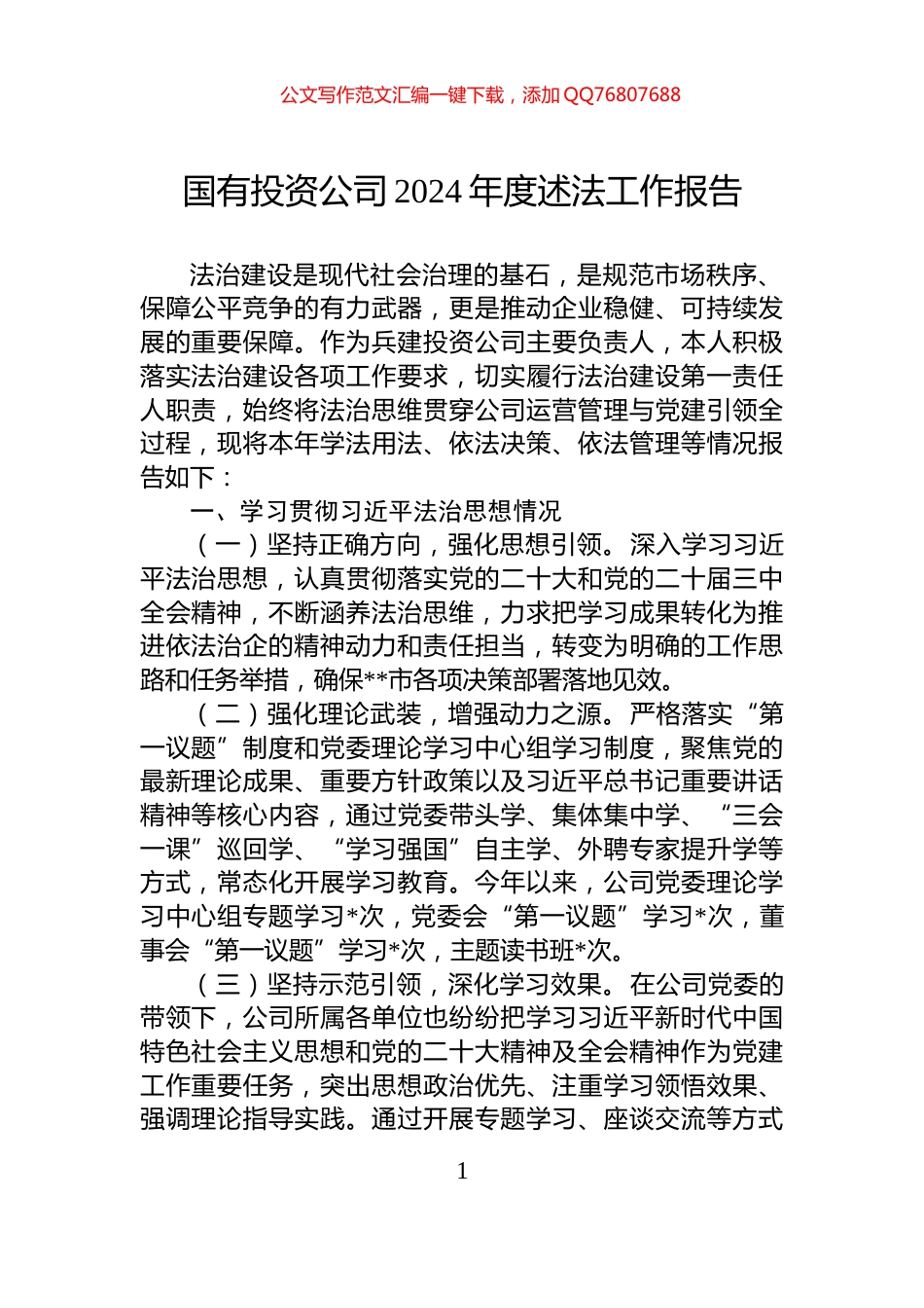 国有投资公司2024年度述法工作报告_第1页
