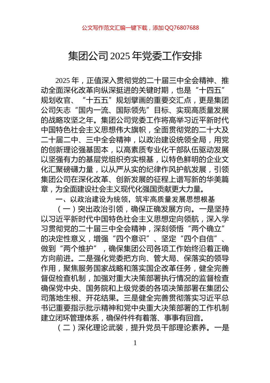 集团公司2025年党委工作安排_第1页