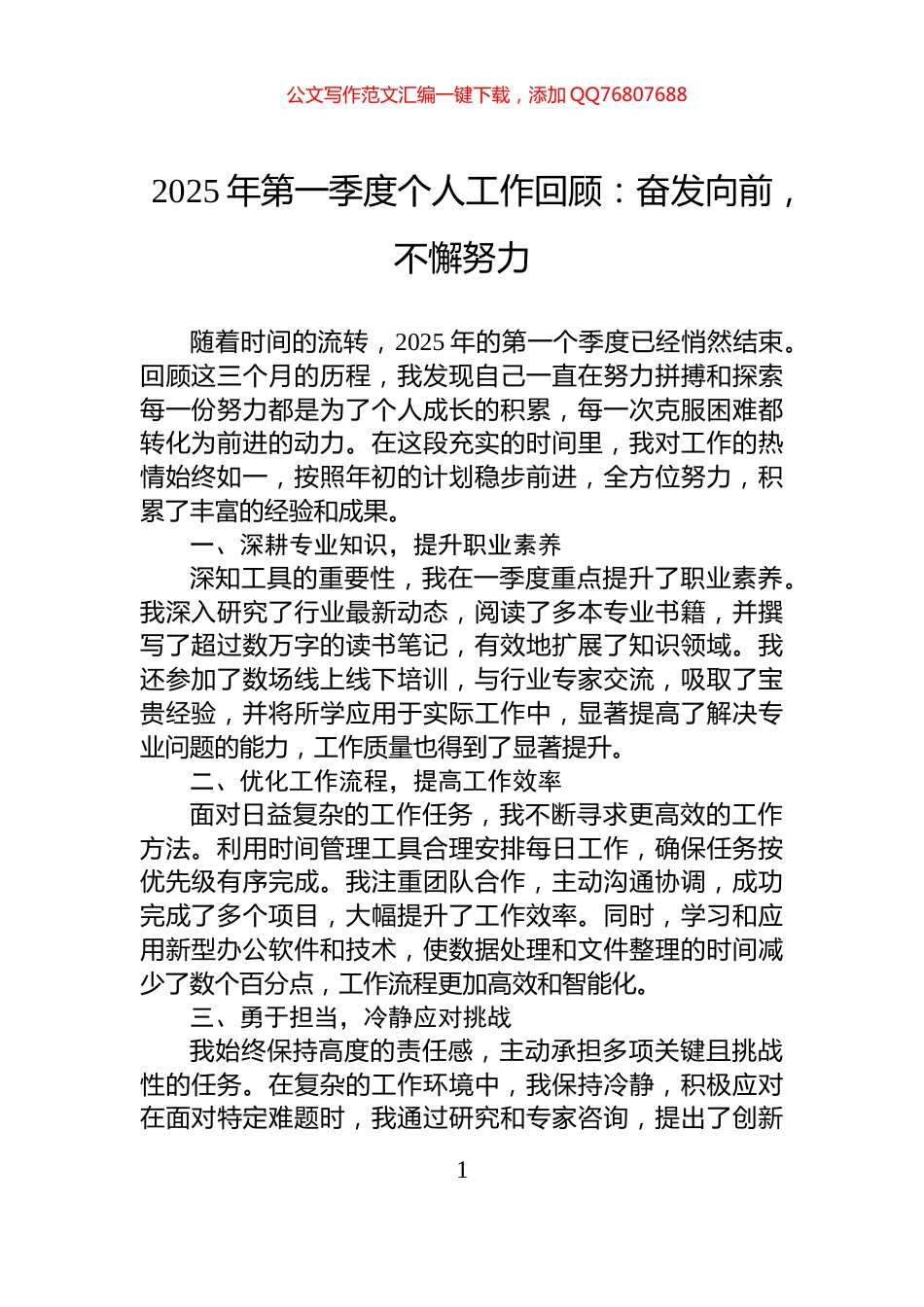 2025年第一季度个人工作回顾：奋发向前，不懈努力_第1页