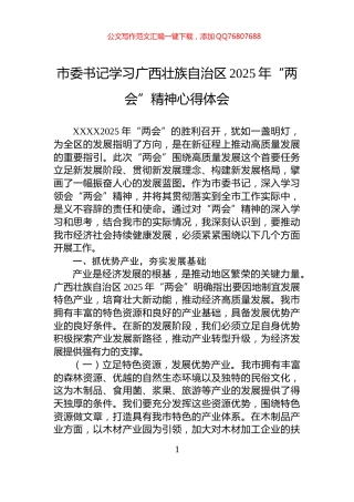 市委书记学习广西壮族自治区2025年“两会”精神心得体会