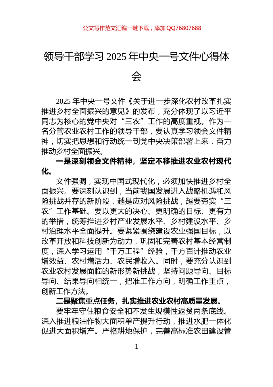 领导干部学习2025年中央一号文件心得体会_第1页