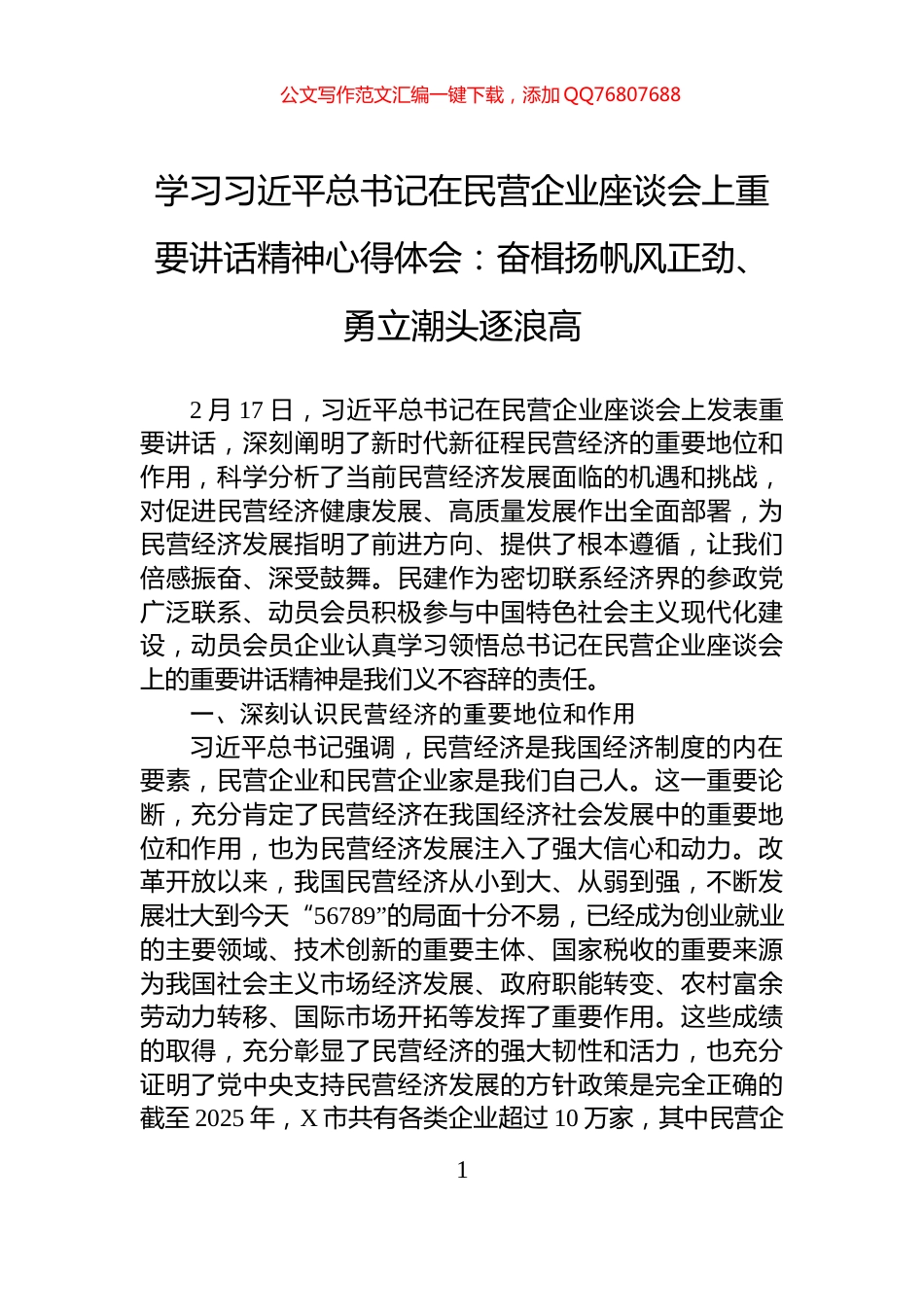 学习习近平总书记在民营企业座谈会上重要讲话精神心得体会：奋楫扬帆风正劲、勇立潮头逐浪高_第1页