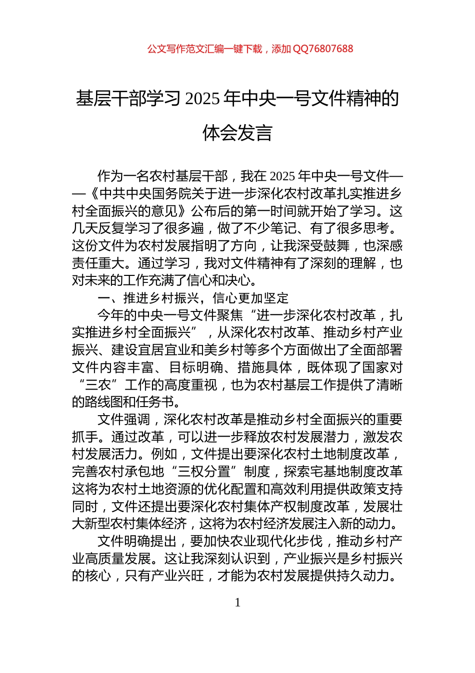 基层干部学习2025年中央一号文件精神的体会发言_第1页