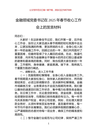 金融领域党委书记在2025年春节收心工作会上的发言材料