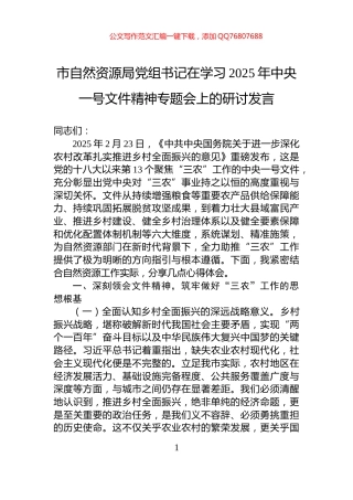 市自然资源局党组书记在学习2025年中央一号文件精神专题会上的研讨发言