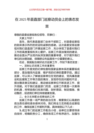 在2025年县直部门巡察动员会上的表态发言