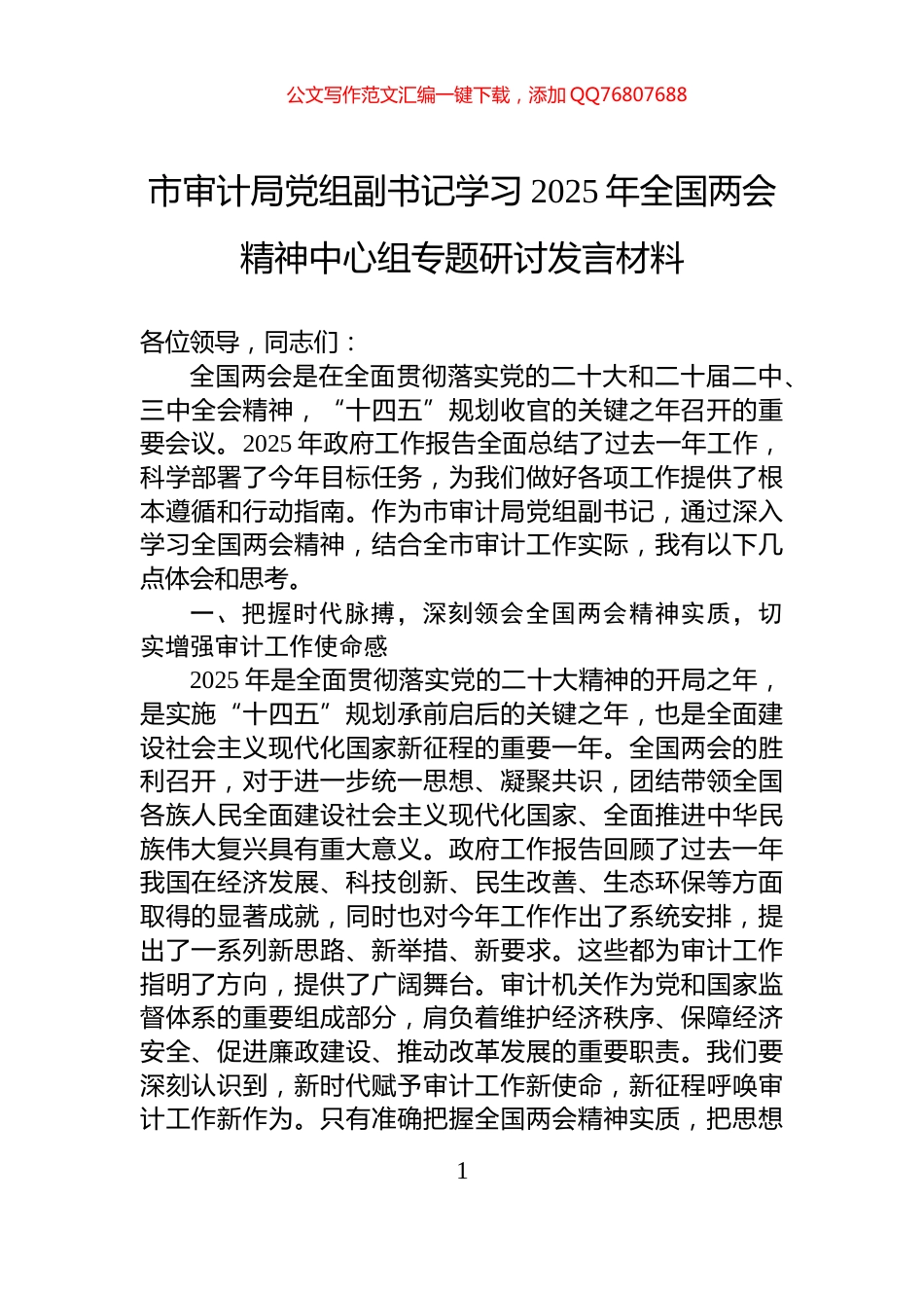 市审计局党组副书记学习2025年全国两会精神中心组专题研讨发言材料_第1页