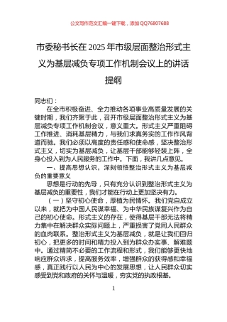 市委秘书长在2025年市级层面整治形式主义为基层减负专项工作机制会议上的讲话提纲