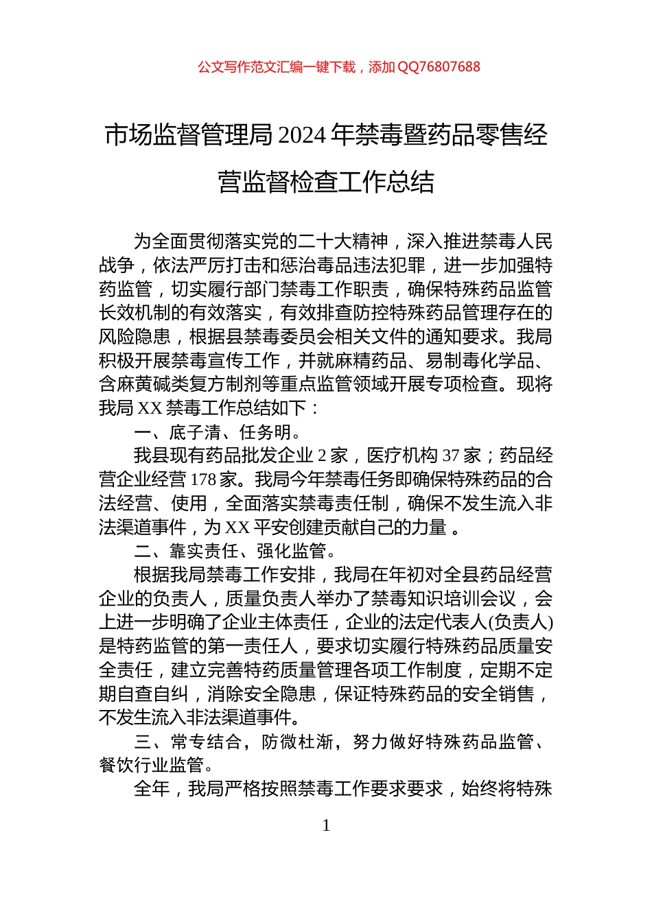 市场监督管理局2024年禁毒暨药品零售经营监督检查工作总结_第1页