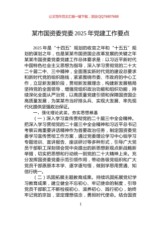 某市国资委党委2025年党建工作要点