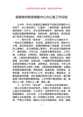 县粮食和物资储备中心办公室工作总结