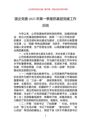 国企党委2025年第一季度抓基层党建工作总结