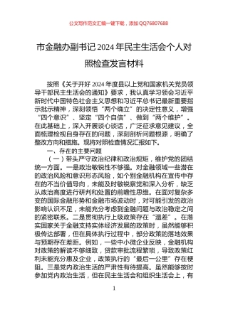 市金融办副书记2024年民主生活会个人对照检查发言材料