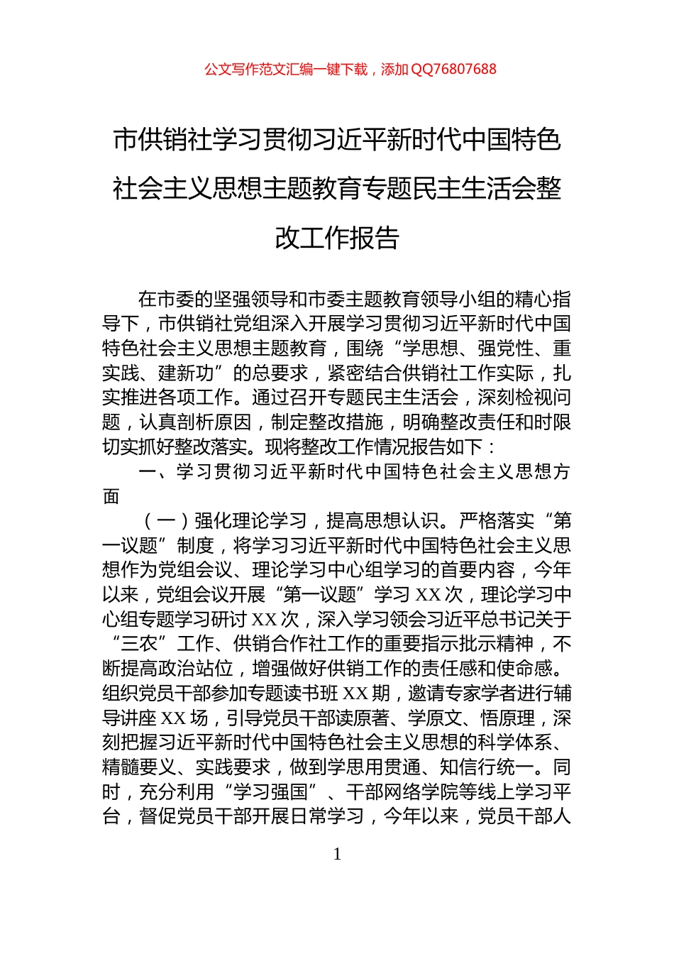 市供销社学习贯彻习近平新时代中国特色社会主义思想主题教育专题民主生活会整改工作报告_第1页